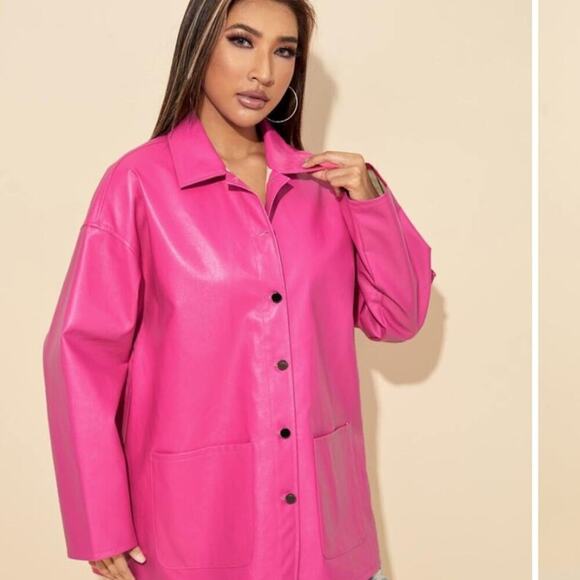5 for $25 CLEAROUT! Bright Pink Barbiecore Faux Leather Button Up Jacket Size L - Picture 5 of 14